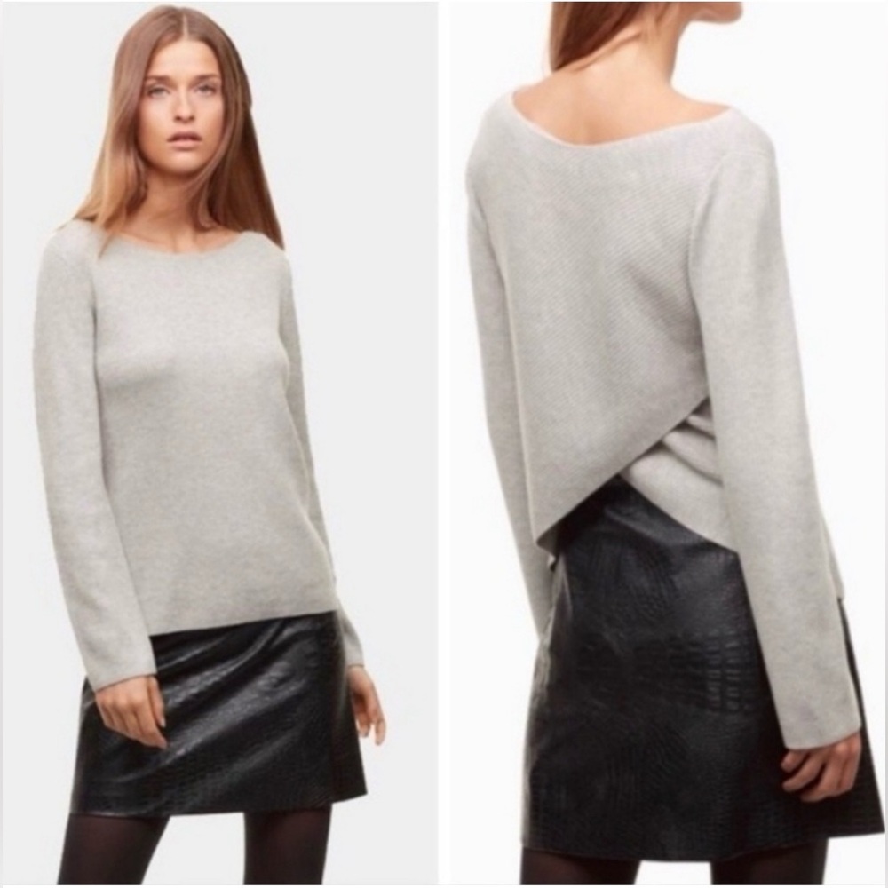 Aritzia Babaton Kitano Grey Ribbed Sweater criss cross back Wool Linen Small
